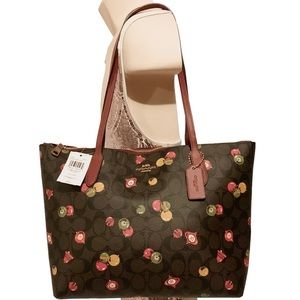 🌻COACH C7254 🌻 BROWN BLACK SIGNATURE LOGO ORNAMENT ZIP TOTE MSRP $298
